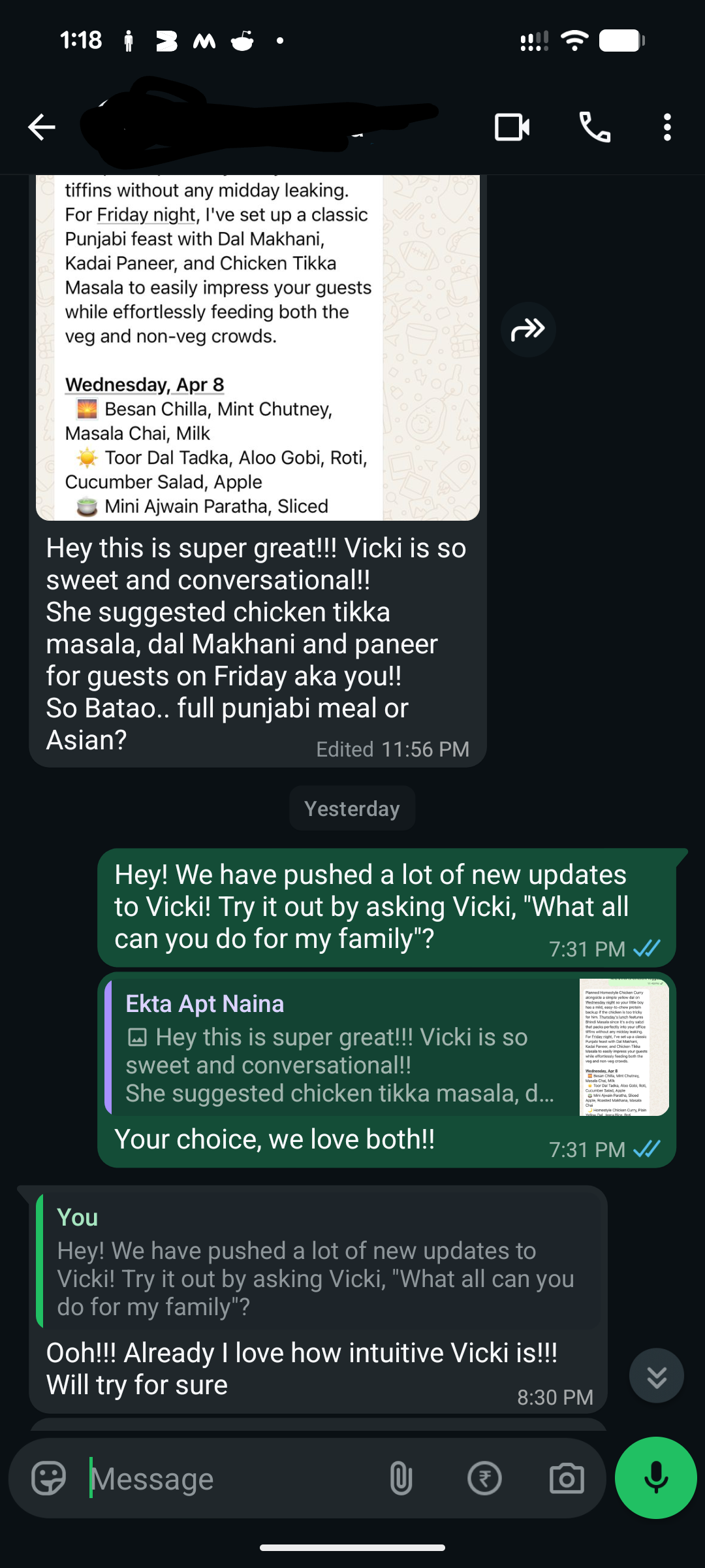 Ekta's feedback on Vicki